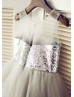 Sheer Neck Silver Sequin Gray Ruffled Tulle Wedding Flower Girl Dress